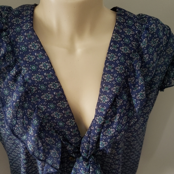 EUC Torrid Plus Size Women's Blue Button Front Ruffle Short Sleeve Sheer Blouse - Picture 6 of 6